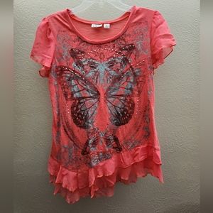 Cato Shirt with Butterfly Design and Asymmetrical Hem Women's Medium Orange